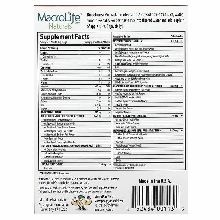 Macrolife Naturals, Miracle Reds, суперфуд, годжи, гранат, асаи, мангостан, 12 пакетиков по 9,5 г (0,3 унции)