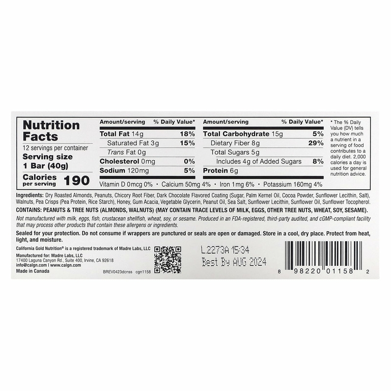 California Gold Nutrition, Foods, батончики с темным шоколадом, орехами и морской солью, 12 шт. по 40 г (1,4 унции)