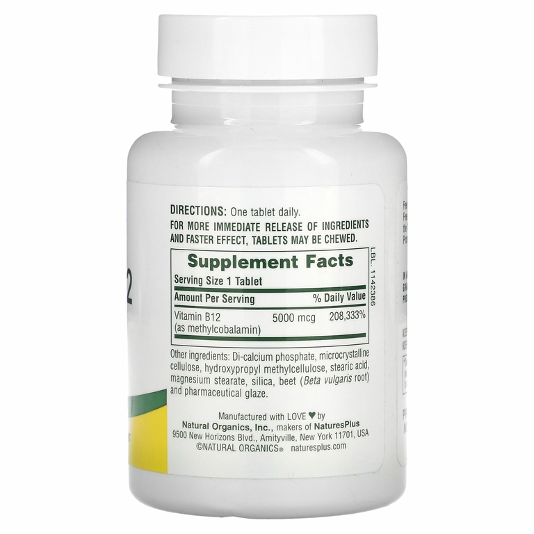 NaturesPlus, Shot-O-B12, 5000 мкг, 60 таблеток