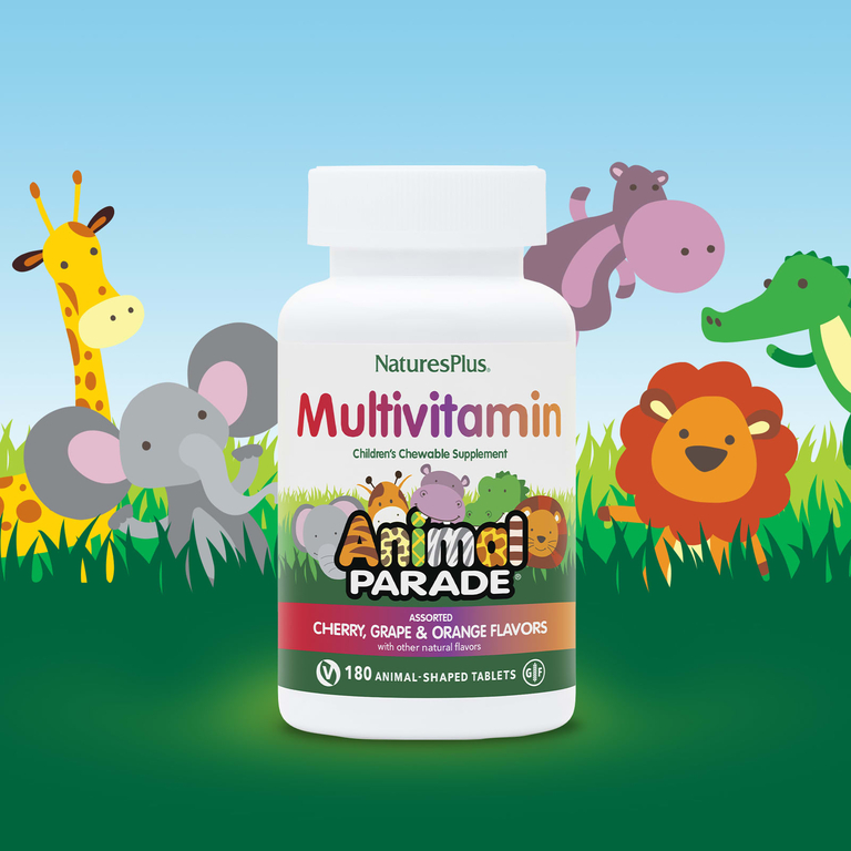 NaturesPlus, Animal Parade, мультивитаминная добавка для детей, вишня, виноград и апельсин, 180 таблеток в форме животных
