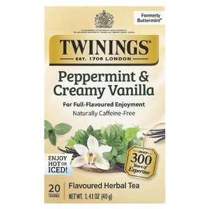 Twinings, Ароматизированный травяной чай, перечная мята и сливочная ваниль, без кофеина, 20 чайных пакетиков, 40 г (1,41 унции)