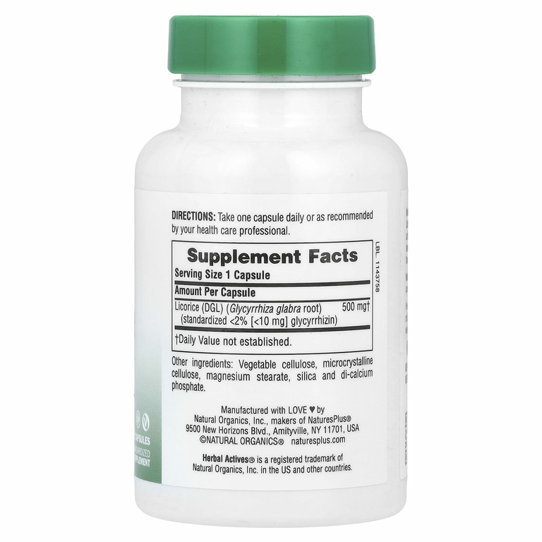 NaturesPlus, Herbal Actives, солодка (DGL), 500 мг, 60 вегетарианских капсул