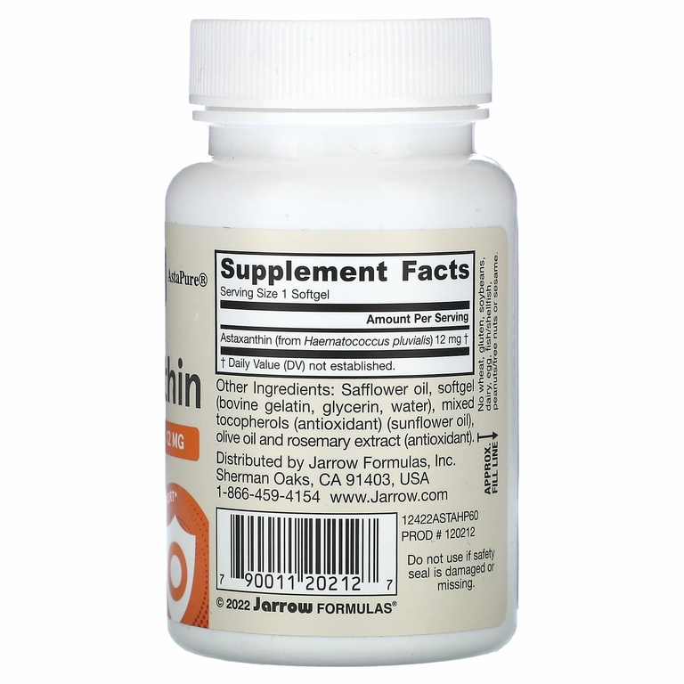 Jarrow Formulas, астаксантин, 12 мг, 60 мягких таблеток