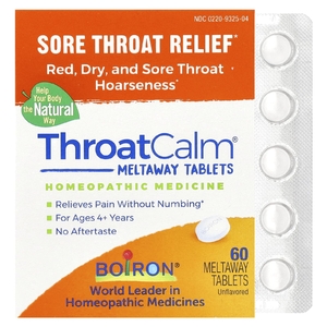 Boiron, ThroatCalm®, средство от боли в горле, для детей от 4 лет, без ароматизаторов, 60 таблеток для рассасывания