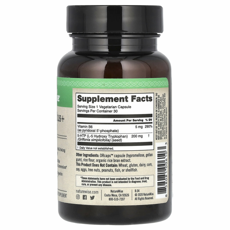 NatureWise, 5-гидрокситриптофан Плюс+, 200 мг, 30 вегетарианских капсул