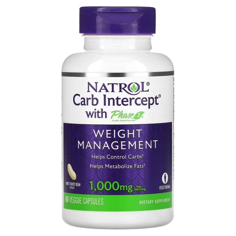 Natrol, Carb Interept, с регулятором углеводов фазы 2, 1000 мг, 60 растительных капсул (500 мг в 1 капсуле)