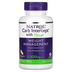 Natrol, Carb Interept, с регулятором углеводов фазы 2, 1000 мг, 60 растительных капсул (500 мг в 1 капсуле)