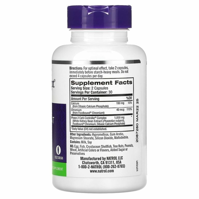 Natrol, Carb Interept, с регулятором углеводов фазы 2, 1000 мг, 60 растительных капсул (500 мг в 1 капсуле)