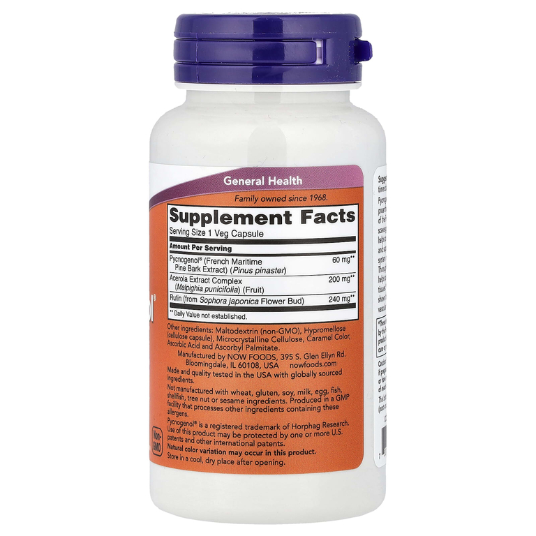 NOW Foods, экстракт коры французской приморской сосны Pycnogenol® с ацеролой и рутином, 50 вегетарианских капсул