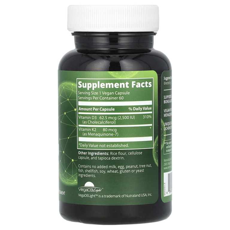 MRM Nutrition, веганские витамины D3 и K2, 62,5 мкг (2500 МЕ), 60 веганских капсул