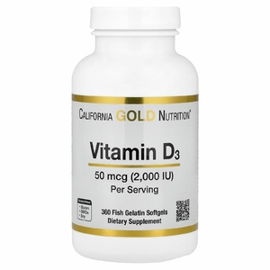 California Gold Nutrition, витамин D3, 50 мкг (2000 МЕ), 360 рыбно-желатиновых капсул