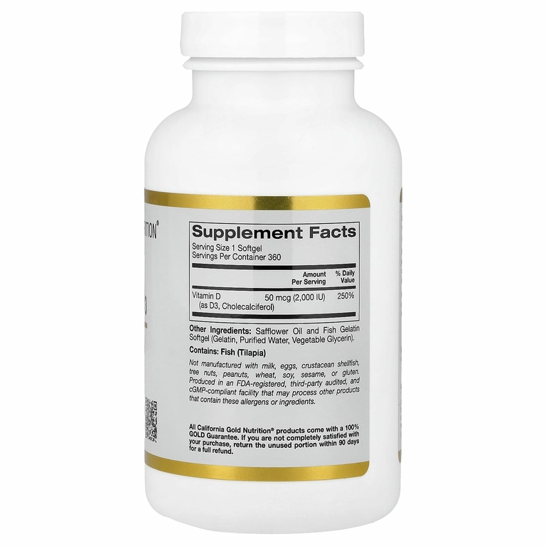 California Gold Nutrition, витамин D3, 50 мкг (2000 МЕ), 360 рыбно-желатиновых капсул