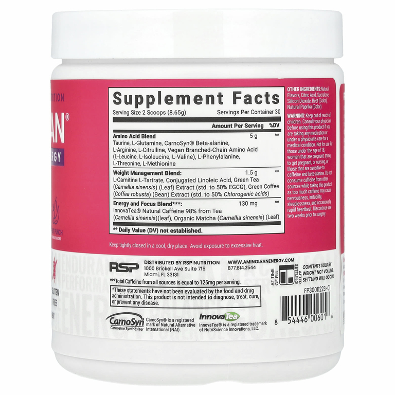 RSP Nutrition, AminoLean, смесь для приготовления энергетических напитков, фруктовый пунш, 270 г (9,52 унции)