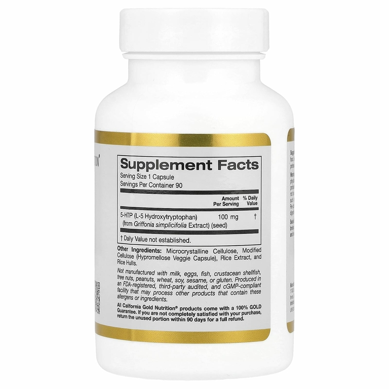 California Gold Nutrition, 5-гидрокситриптофан, поддержка хорошего настроения, экстракт семян гриффонии простолистной из Швейцарии, 100 мг, 90 вегетарианских капсул