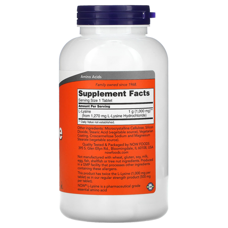 NOW Foods, L-лизин, 1000 мг, 250 таблеток