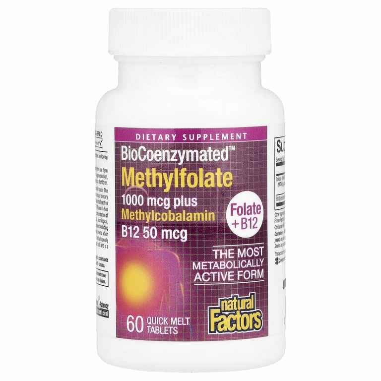 Natural Factors, BioCoenzymated, метилфолат, 1000 мкг, 60 быстрорастворимых таблеток