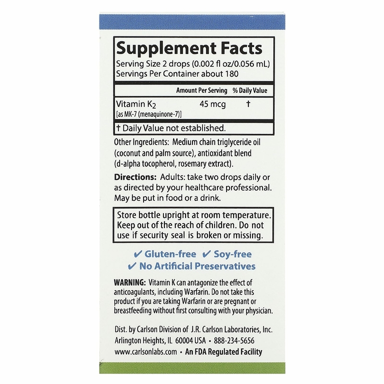 Carlson, Super Daily® K2, 45 мкг, 10,16 мл (0,34 жидк. Унции)