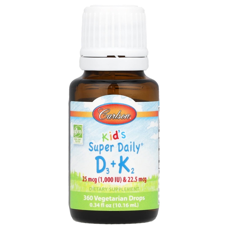 Carlson, Super Daily D3+K2 для детей, 25 мкг (1000 МЕ) и 22,5 мкг, 10,16 мл (0,34 жидк. унции)