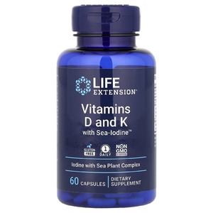 Life Extension, витамины Д и К с йодом, 60 капсул