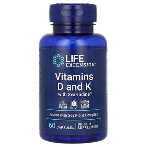 Life Extension, витамины D и К с йодом Sea-Iodine, 60 капсул