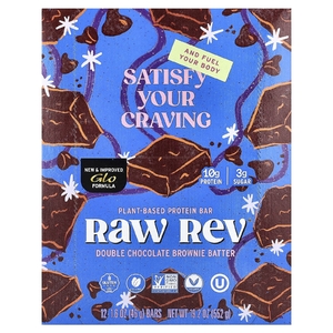 Raw Rev, Протеиновый батончик на растительной основе, двойное шоколадное тесто для брауни, 12 батончиков, 46 г (1,6 унции)