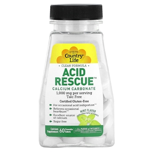 Country Life, Acid Rescue, карбонат кальция, мята, 60 жевательных таблеток