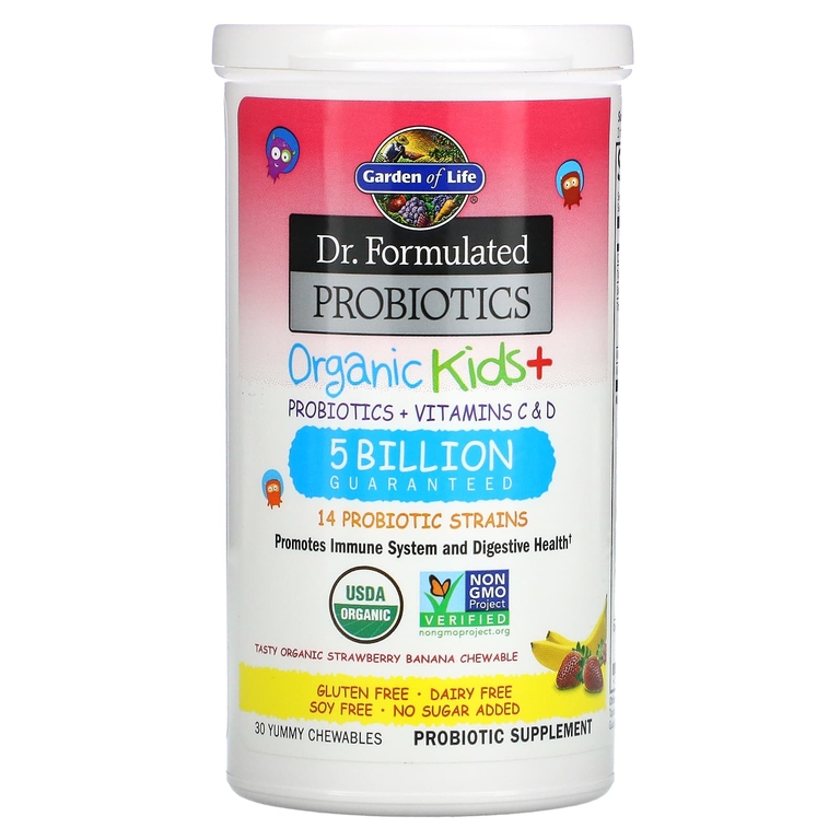 Garden of Life, Dr Formulated Probiotics, Organic Kids+, органические пробиотики для детей, со вкусом органической клубники и банана, 30 вкусных жевательных таблеток