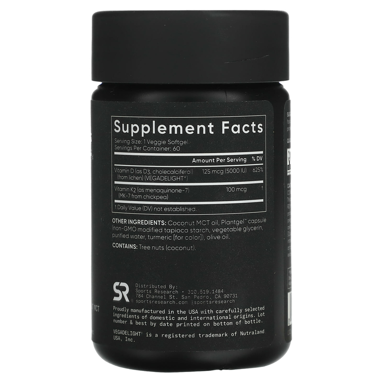 Sports Research, растительные витамины D3+K2, 60 растительных капсул