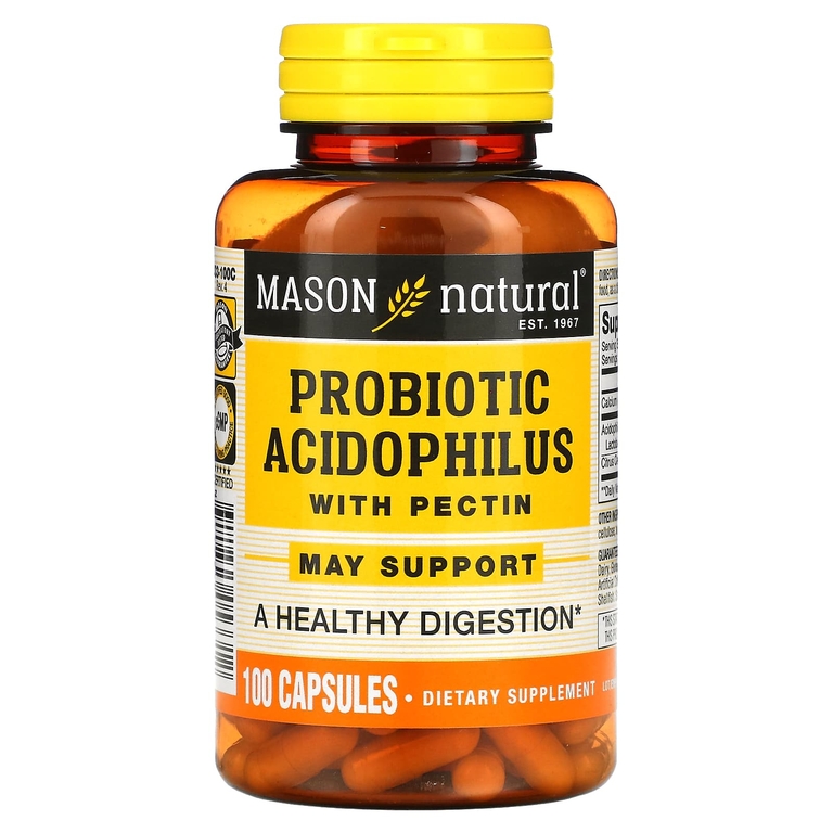 Mason Natural, пробиотик с ацидофильными лактобактериями Acidophilus с пектином, 100 капсул