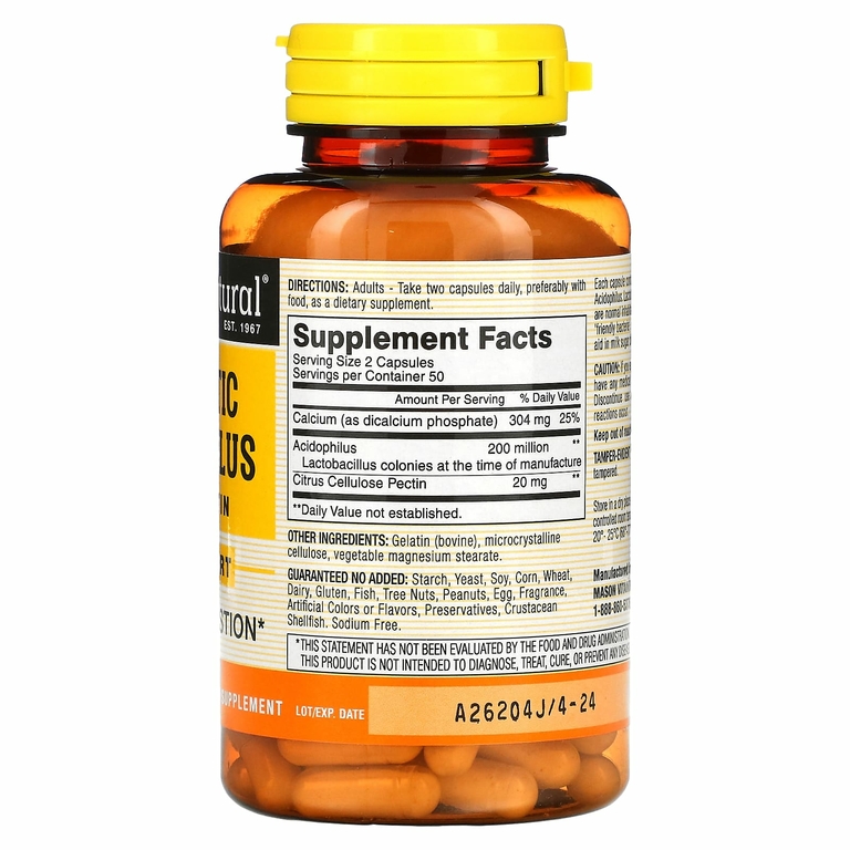 Mason Natural, пробиотик с ацидофильными лактобактериями Acidophilus с пектином, 100 капсул