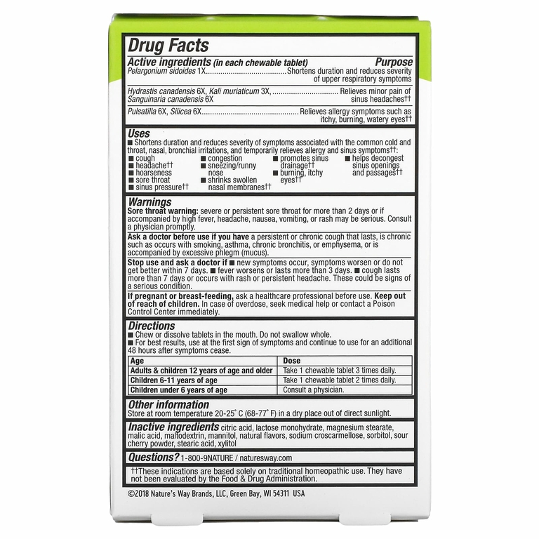Nature's Way, Umcka, Allergy + Sinus, вишня, 20 таблеток