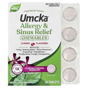 Nature's Way, Umcka®, жевательные таблетки для снятия аллергии и синусита, для детей от 6 лет, вишня, 20 таблеток