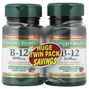 Nature's Bounty, Витамин B12, натуральный вишневый вкус, 5000 мкг, 40 быстрорастворимых таблеток
