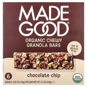 MadeGood, Органические жевательные плитки гранолы, шоколадные кусочки, 6 плиток, 24 г (0,85 унции)