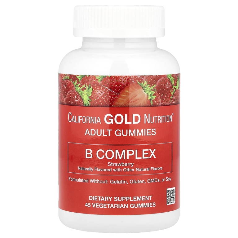 California Gold Nutrition, жевательные таблетки с комплексом витаминов группы B, клубника, 45 вегетарианских жевательных таблеток