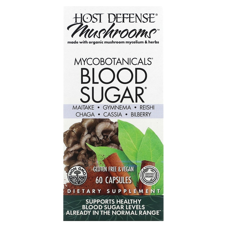 Fungi Perfecti, Host Defense Mushroom, MycoBotanicals, сахар в крови, 60 капсул