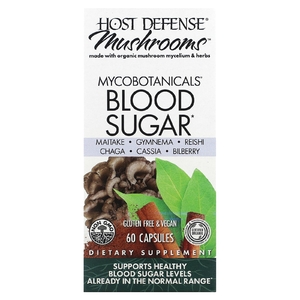 Fungi Perfecti, Host Defense Mushroom, MycoBotanicals, сахар в крови, 60 капсул