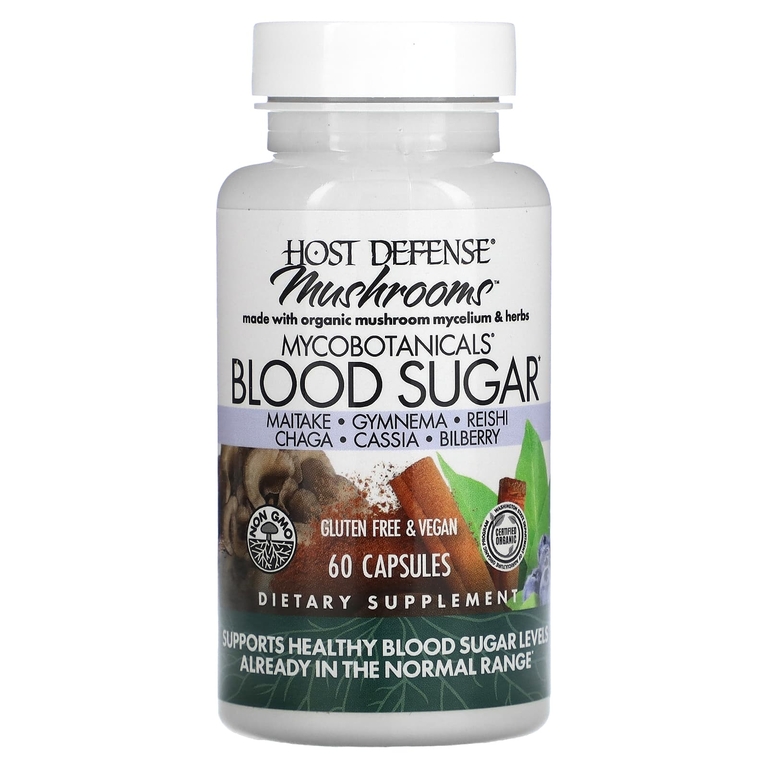 Fungi Perfecti, Host Defense Mushroom, MycoBotanicals, сахар в крови, 60 капсул