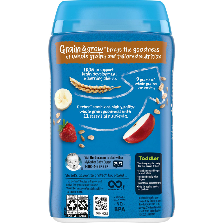 Gerber, Cereal for Toddler, Grain & Grow, Hearty Bits MultiGrain, от 12 месяцев, банан, яблоко и клубника, 227 г (8 унций)