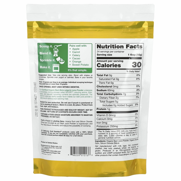 California Gold Nutrition, Superfoods, порошок из органического свекольного сока, 240 г (8,5 унции)