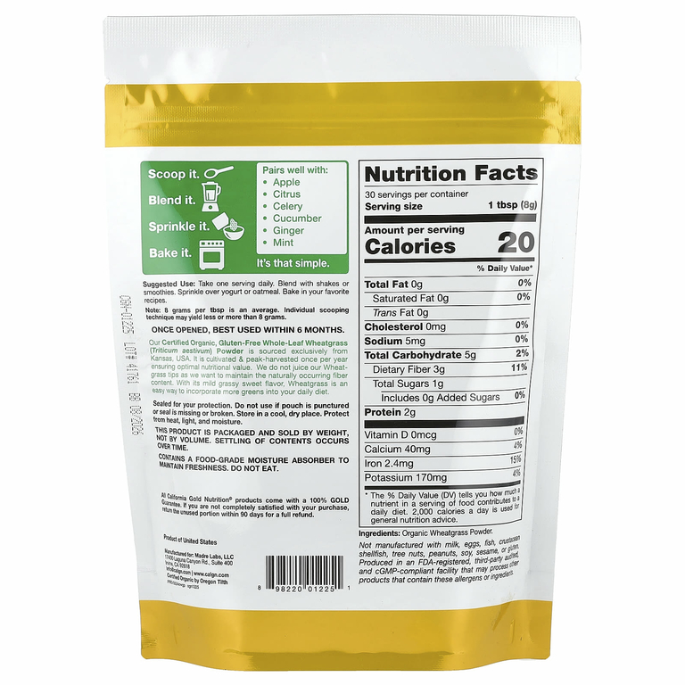 California Gold Nutrition, Superfoods, порошок из органических ростков пшеницы, 240 г (8,5 унции)