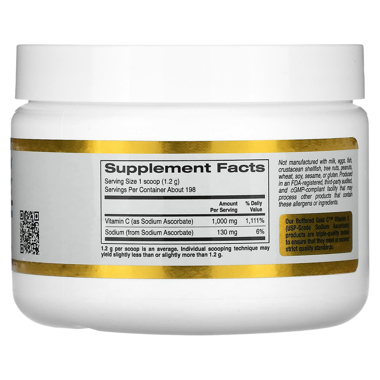 California Gold Nutrition, Buffered Gold C, некислый витамин C в порошке, аскорбат натрия, 238 г (8,40 унции)