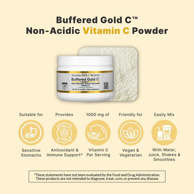 California Gold Nutrition, Buffered Gold C, некислый витамин C в порошке, аскорбат натрия, 238 г (8,40 унции)