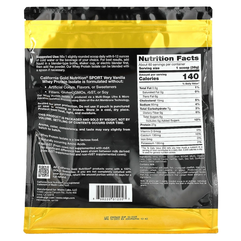 California Gold Nutrition, изолят сывороточного протеина, с ванильным вкусом, 2,27 кг (5 фунтов)