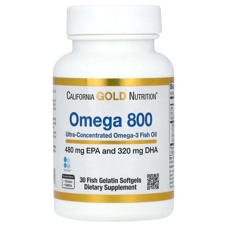 California Gold Nutrition, омега 800, ультраконцентрированный рыбий жир с омега-3, в форме триглицеридов KD-Pur, 1000 мг, 30 капсул из рыбьего желатина