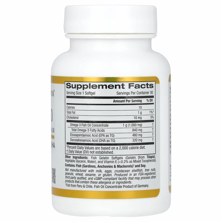 California Gold Nutrition, омега 800, ультраконцентрированный рыбий жир с омега-3, в форме триглицеридов KD-Pur, 1000 мг, 30 капсул из рыбьего желатина