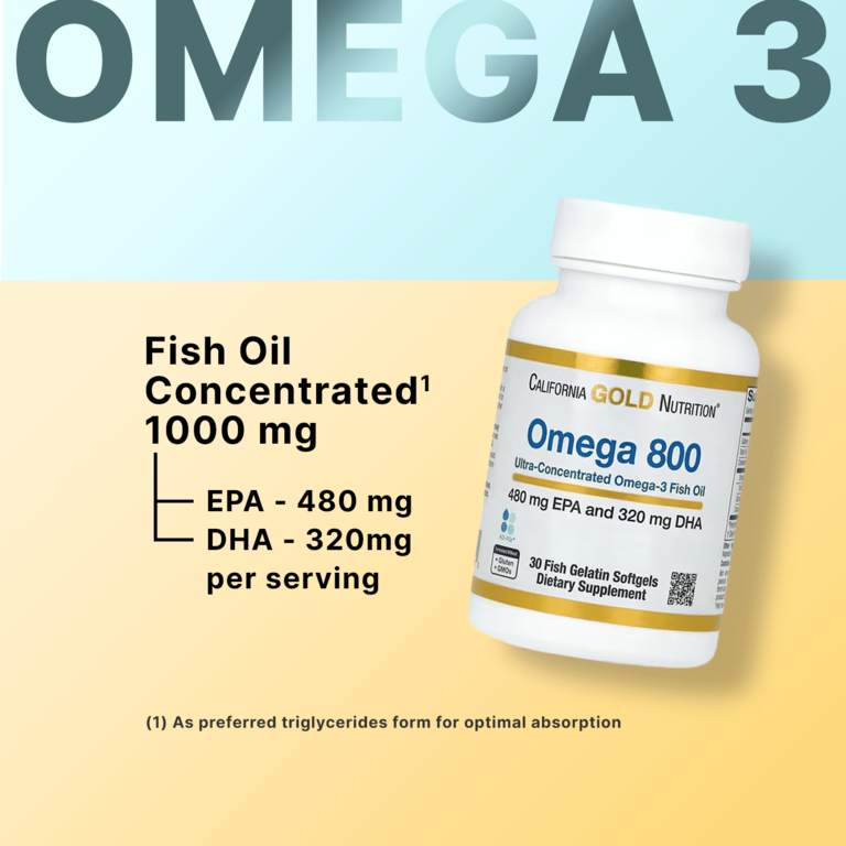 California Gold Nutrition, омега 800, ультраконцентрированный рыбий жир с омега-3, в форме триглицеридов KD-Pur, 1000 мг, 30 капсул из рыбьего желатина