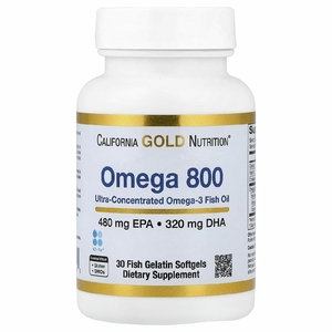 California Gold Nutrition, омега 800, ультраконцентрированный рыбий жир с омега-3, в форме триглицеридов KD-Pur®, 30 капсул из рыбьего желатина (1000 мг в 1 капсуле)