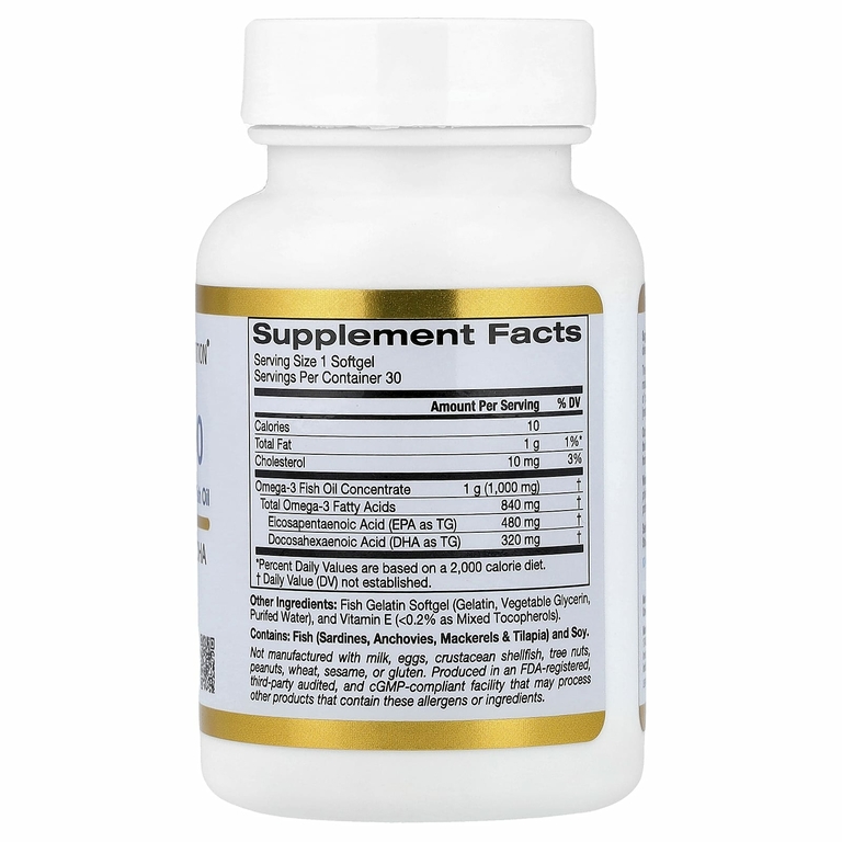 California Gold Nutrition, омега 800, ультраконцентрированный рыбий жир с омега-3, в форме триглицеридов KD-Pur®, 30 капсул из рыбьего желатина (1000 мг в 1 капсуле)