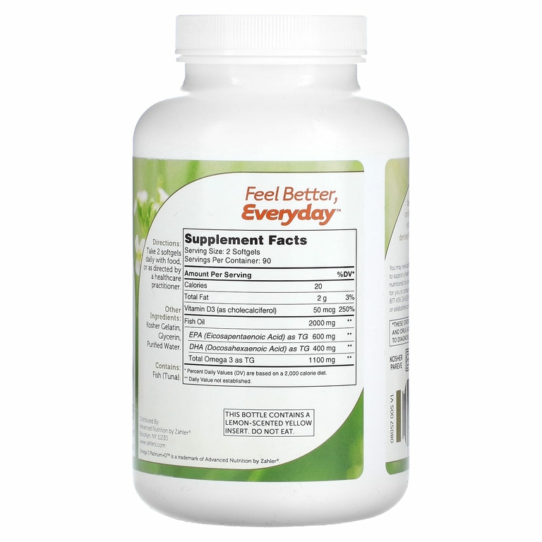 Zahler, Omega 3 Platinum+D, улучшенный рыбий жир с омега-3 и витамином D3, 2000 мг, 180 мягких таблеток (1000 мг на капсулу)